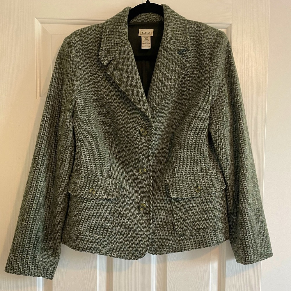 Ll Bean Wool & Silk Blend Green Herringbone Blazer